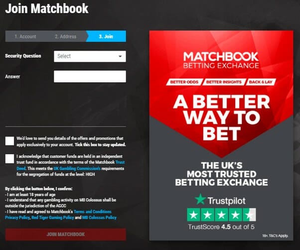 Matchbook Registration Screenshot