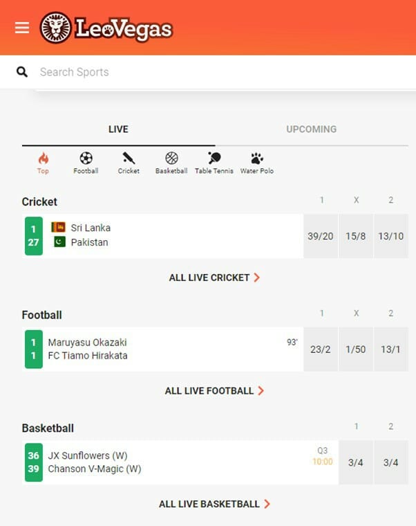 LeoVegas Live Betting Markets Screenshot