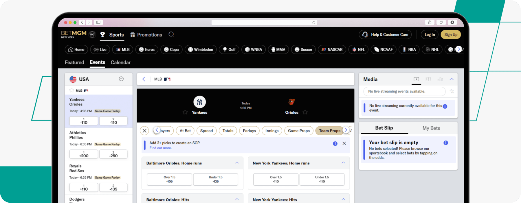 Screenshot of BetMGM Prop Bet Examples desktop