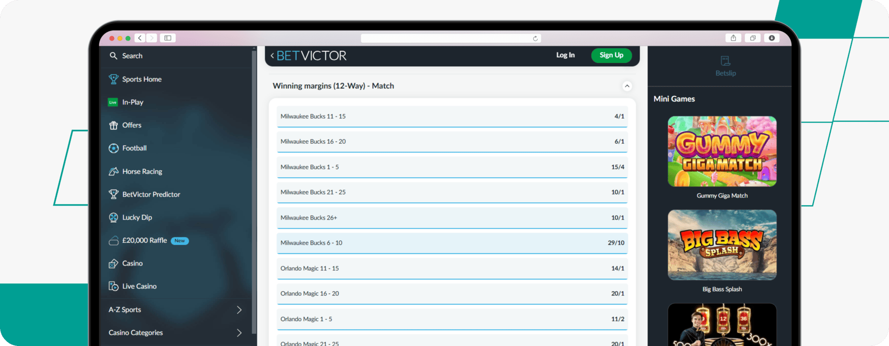 screenshot of betvictor's nba winning margin odds